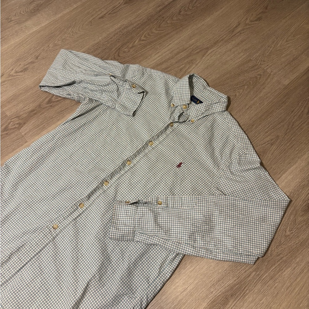Polo Ralph Lauren Shirt Men Medium Classic Fit Red Beige Green Plaid Long Sleeve